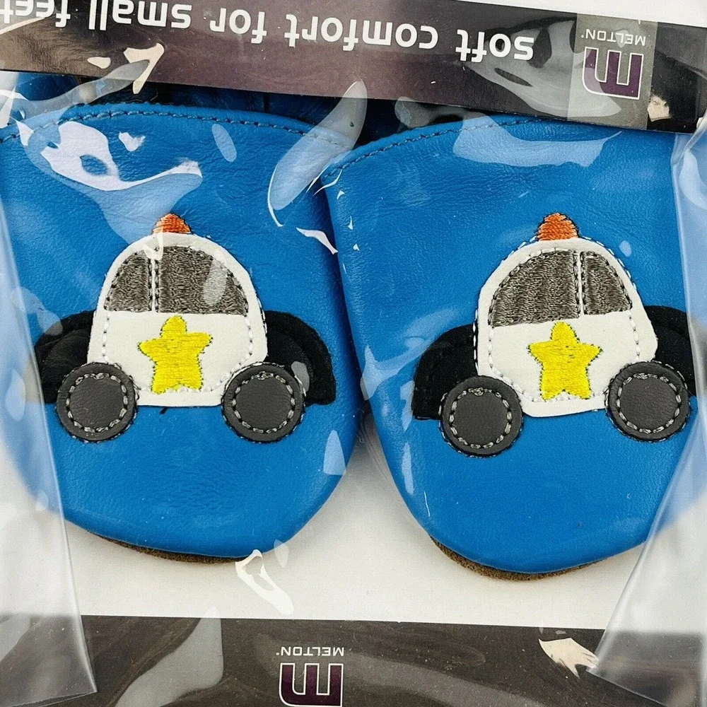 Melton Baby Shoes 6-12 Months Police Car Blue Soft Leather Slip On Non Skid Sole